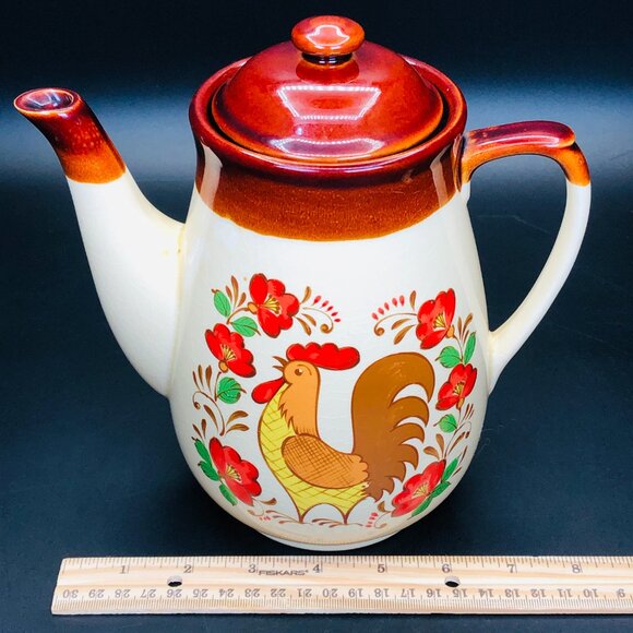 Vintage 70s Rooster Red Poppies Teapot Coffee Pot: Retro Farmhouse Kitchen Decor - Picture 10 of 12